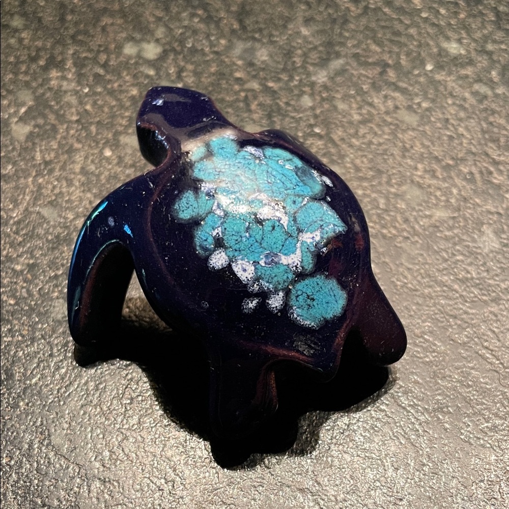 Small Handcrafted Ceramic Blue and Black Turtle Figurine